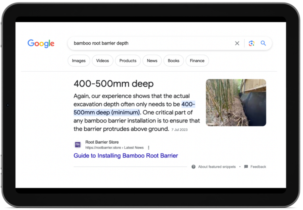 Root Barrier Store featured snippet of installation blog shown on tablet